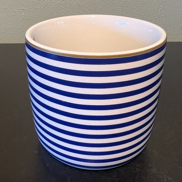 Letter C Monogram Initial Stoneware Mug ~ Blue & White Stripes w/ Gold Accents - Picture 2 of 8